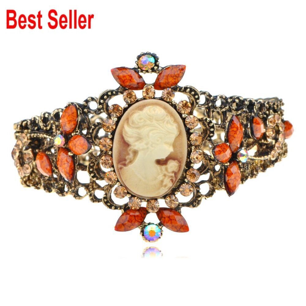 Antique Golden Tone Alloy Cuff Bangle Bracelet with Cameo